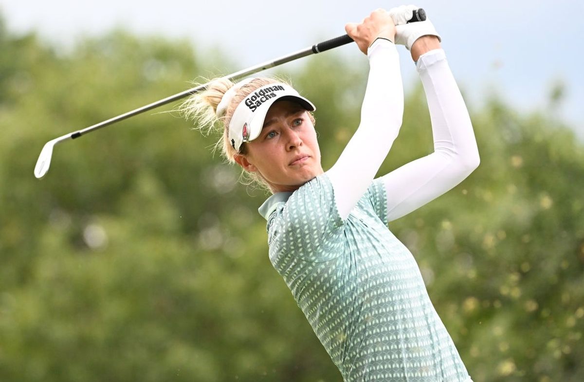 Aug 23, 2025; Mississauga, Ontario, CAN;   Nelly Korda plays her tee shot at the third hole during third round play at the CPKC Women's Open golf tournament. Mandatory Credit: Dan Hamilton-Imagn Images