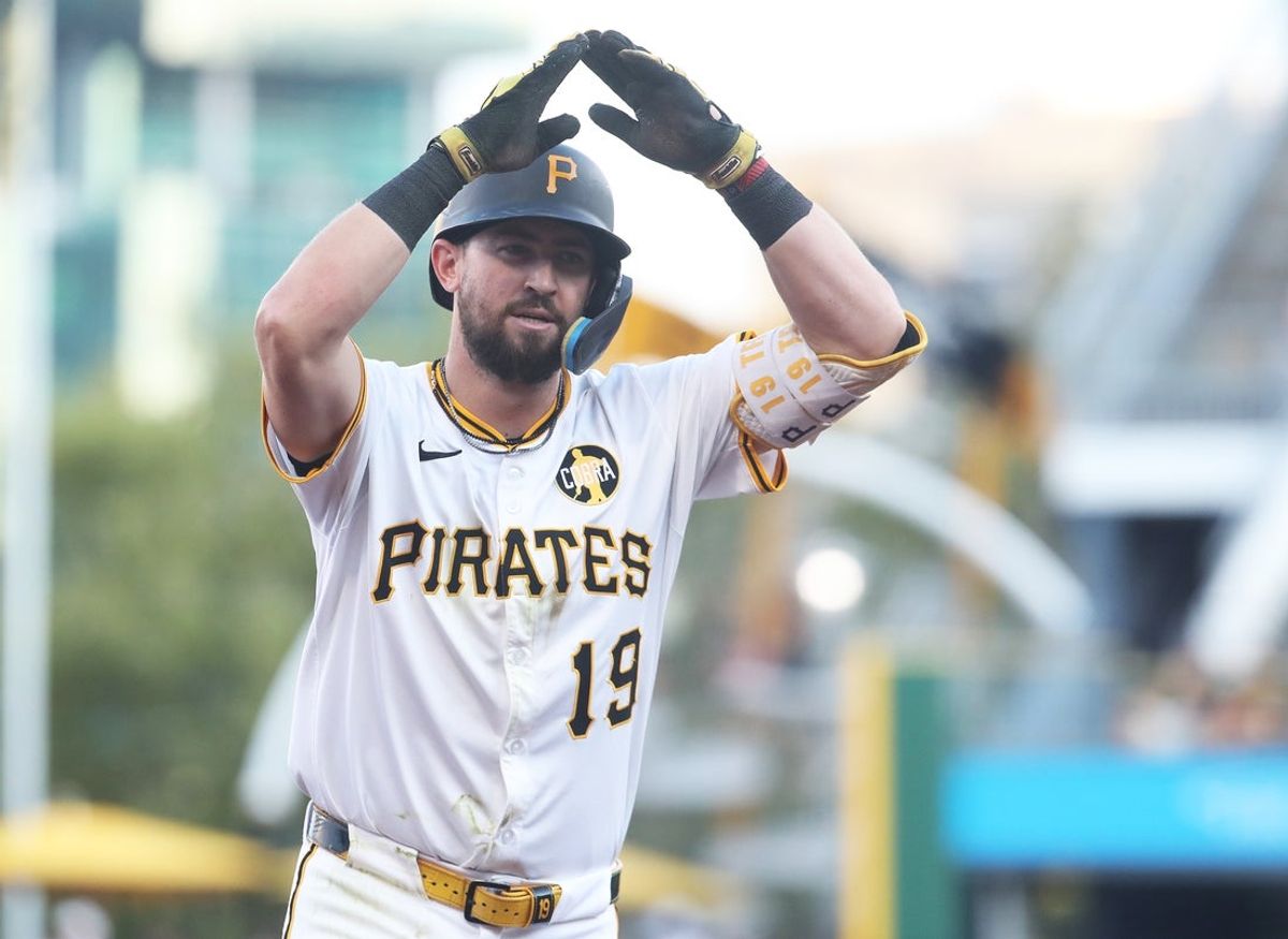 Aug 23, 2025; Pittsburgh, Pennsylvania, USA;  Pittsburgh Pirates shortstop Jared Triolo (19) gestures as he circles the bases on a two-run home run against the Colorado Rockies during the third inning at PNC Park. Mandatory Credit: Charles LeClaire-Imagn Images