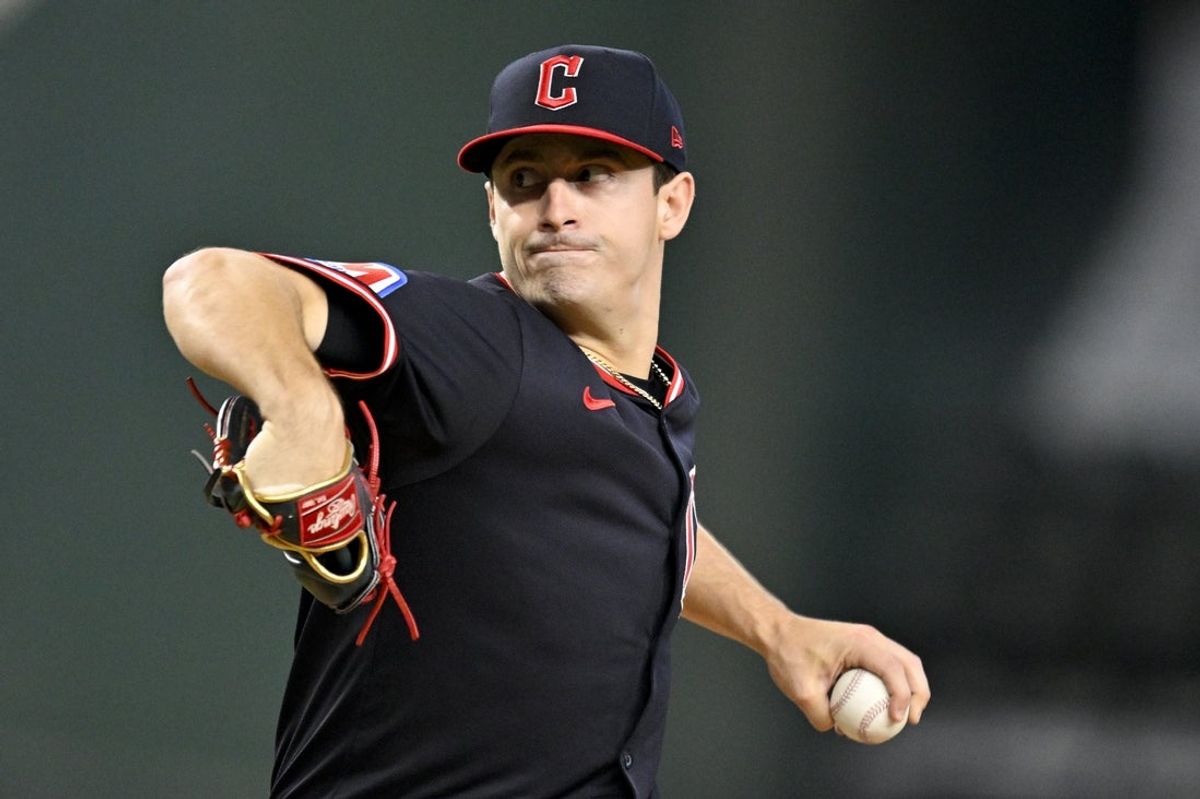 Aug 23, 2025; Arlington, Texas, USA; Cleveland Guardians starting pitcher Logan Allen (26) throws the ball during the first inning against the Texas Rangers at Globe Life Field. Mandatory Credit: Jerome Miron-Imagn Images