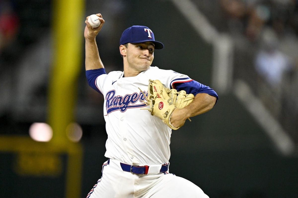 Aug 23, 2025; Arlington, Texas, USA; Texas Rangers starting pitcher Jack Leiter (35) throws the ball during the third inning against the Cleveland Guardians at Globe Life Field. Mandatory Credit: Jerome Miron-Imagn Images
