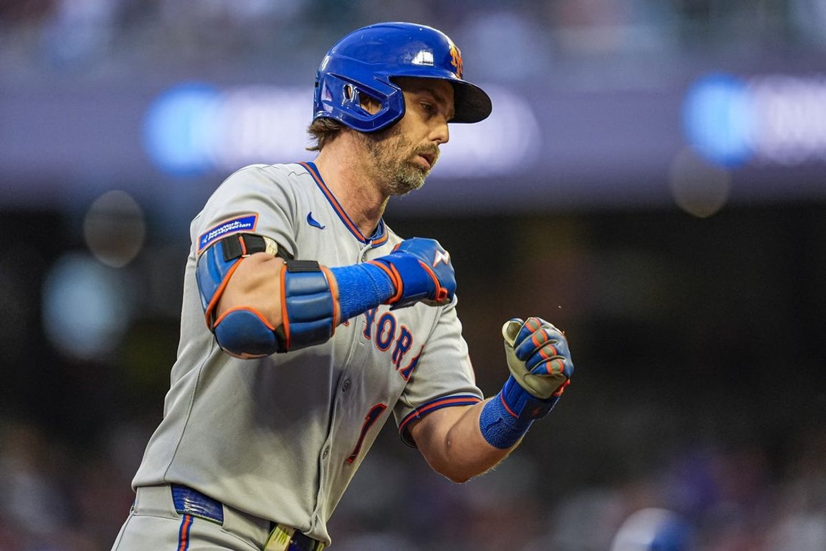 Aug 23, 2025; Cumberland, Georgia, USA; New York Mets second baseman Jeff McNeil (1) reacts after hitting a three run home run against the Atlanta Braves during the third inning at Truist Park. Mandatory Credit: Dale Zanine-Imagn Images