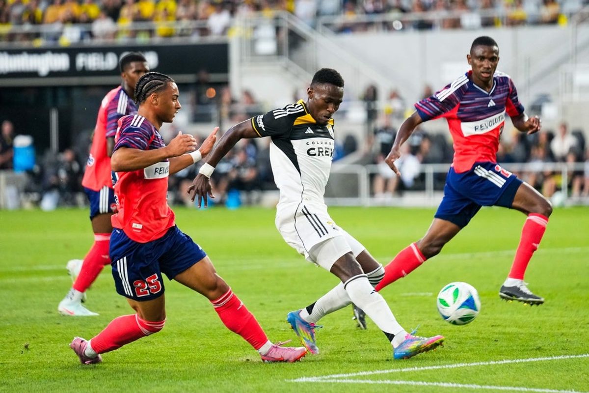 Columbus Crew forward Ibrahim Aliyu (11) attempts to shoot the ball against the New England Revolution in the first half at Lower.com Field on Saturday, Aug. 23, 2025 in Columbus, Ohio.