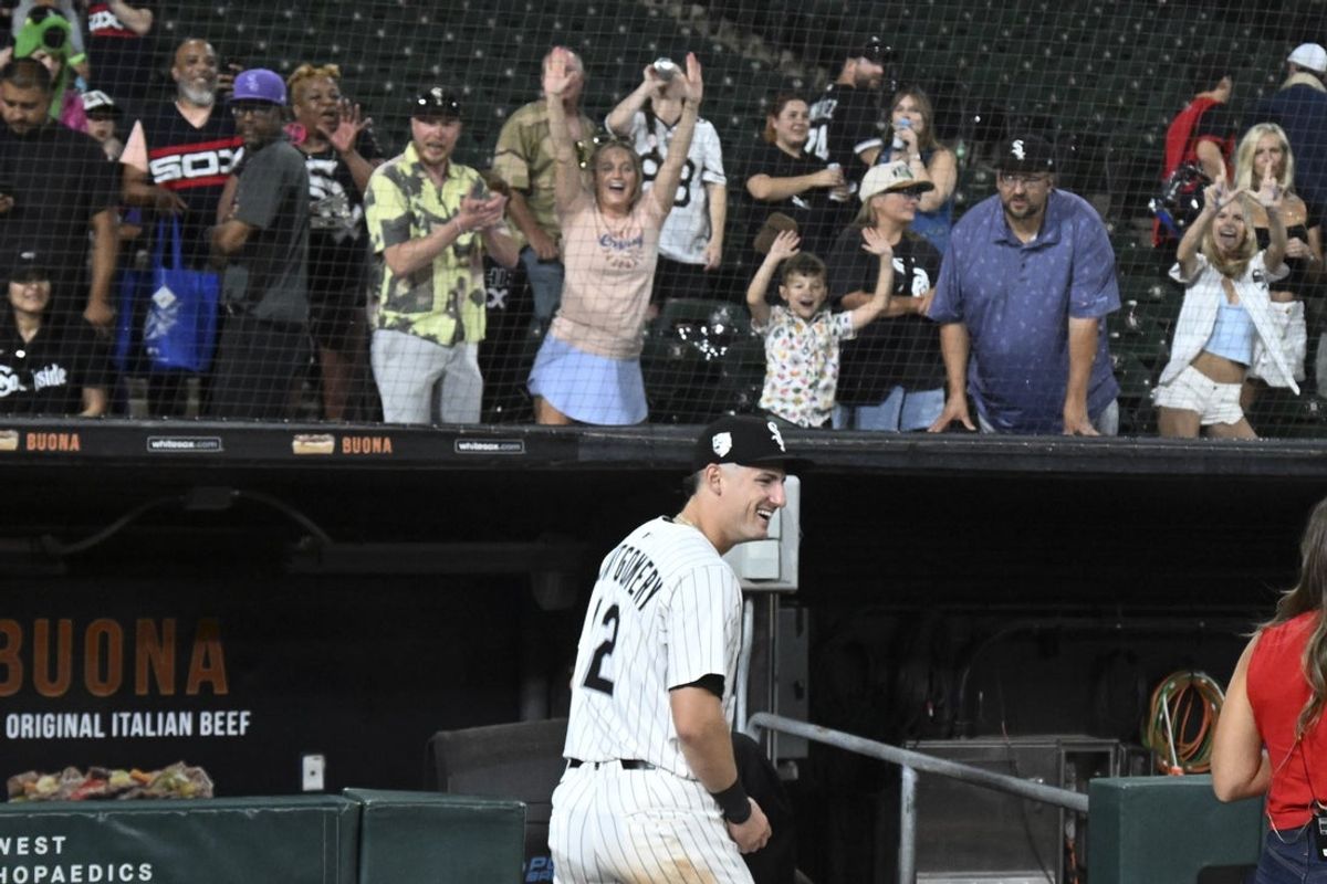 Aug 23, 2025; Chicago, Illinois, USA; Chicago White Sox shortstop Colson Montgomery (12) reacts after the game against the Minnesota Twins at Rate Field. Mandatory Credit: Matt Marton-Imagn Images