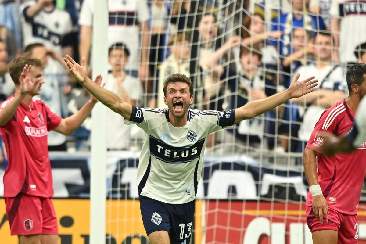 Aug 23, 2025; Vancouver, British Columbia, CAN;  Vancouver Whitecaps FC midfielder Thomas Muller (13) reacts during the second half against the St. Louis City at BC Place. Mandatory Credit: Anne-Marie Sorvin-Imagn Images
