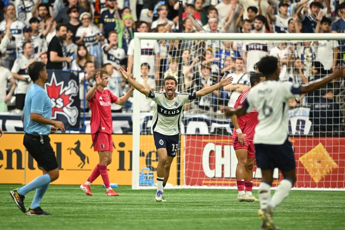 Aug 23, 2025; Vancouver, British Columbia, CAN;  Vancouver Whitecaps FC midfielder Thomas Muller (13) reacts during the second half against the St. Louis City at BC Place. Mandatory Credit: Anne-Marie Sorvin-Imagn Images