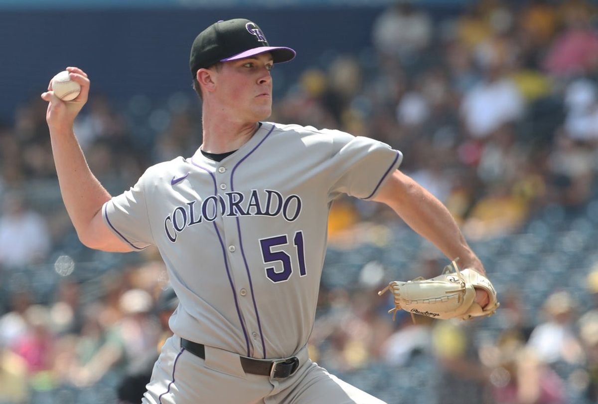 Aug 24, 2025; Pittsburgh, Pennsylvania, USA;  Colorado Rockies starting pitcher McCade  Brown (51) pitches against the Pittsburgh Pirates during this major league debut during the second inning at PNC Park. Mandatory Credit: Charles LeClaire-Imagn Images