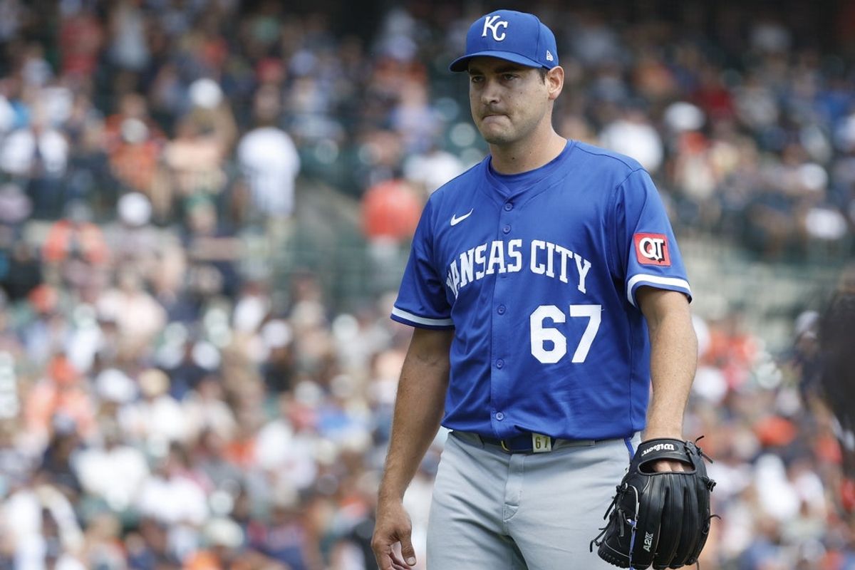 Aug 24, 2025; Detroit, Michigan, USA; Kansas City Royals pitcher Seth Lugo (67) looks on after the first inning against the Detroit Tigers at Comerica Park. Mandatory Credit: Brian Bradshaw Sevald-Imagn Images