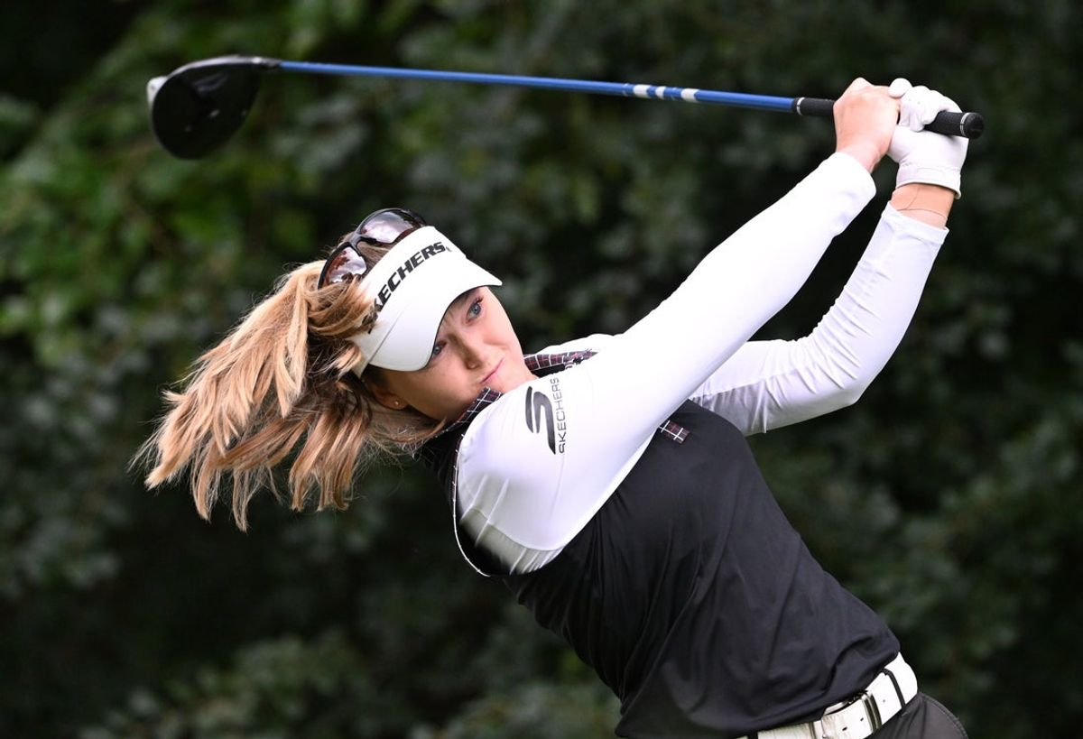 Aug 24, 2025; Mississauga, Ontario, CAN;  Brooke Henderson hits her tee shot at the fifth hole during the final round of the CPKC Women's Open golf tournament. Mandatory Credit: Dan Hamilton-Imagn Images