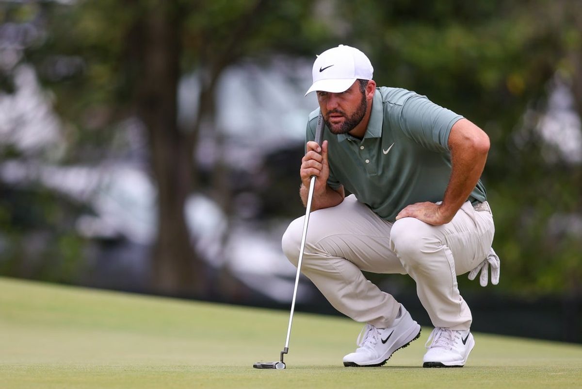 Aug 24, 2025; Atlanta, Georgia, USA; Scottie Scheffler on the second green during the final round of the TOUR Championship golf tournament. Mandatory Credit: Brett Davis-Imagn Images