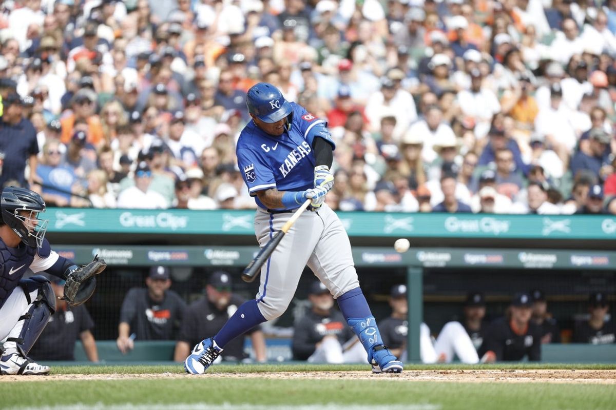 Aug 24, 2025; Detroit, Michigan, USA; Kansas City Royals catcher Salvador Perez (13) hits during an at bat in the third inning against the Kansas City Royals at Comerica Park. Mandatory Credit: Brian Bradshaw Sevald-Imagn Images