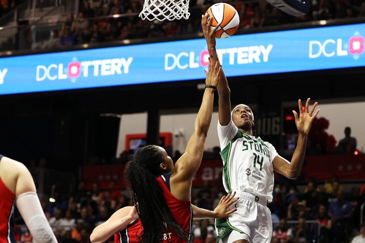 Aug 24, 2025; Washington, District of Columbia, USA; Seattle Storm center Dominique Malonga (14) takes a shot during the first half against the Washington Mystics at CareFirst Arena. Mandatory Credit: Daniel Kucin Jr.-Imagn Images