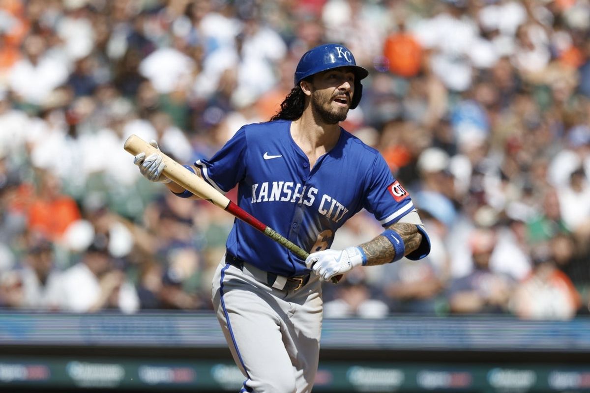 Aug 24, 2025; Detroit, Michigan, USA; Kansas City Royals second baseman Jonathan India (6) hits a double during an at bat in the sixth inning against the Detroit Tigers at Comerica Park. Mandatory Credit: Brian Bradshaw Sevald-Imagn Images