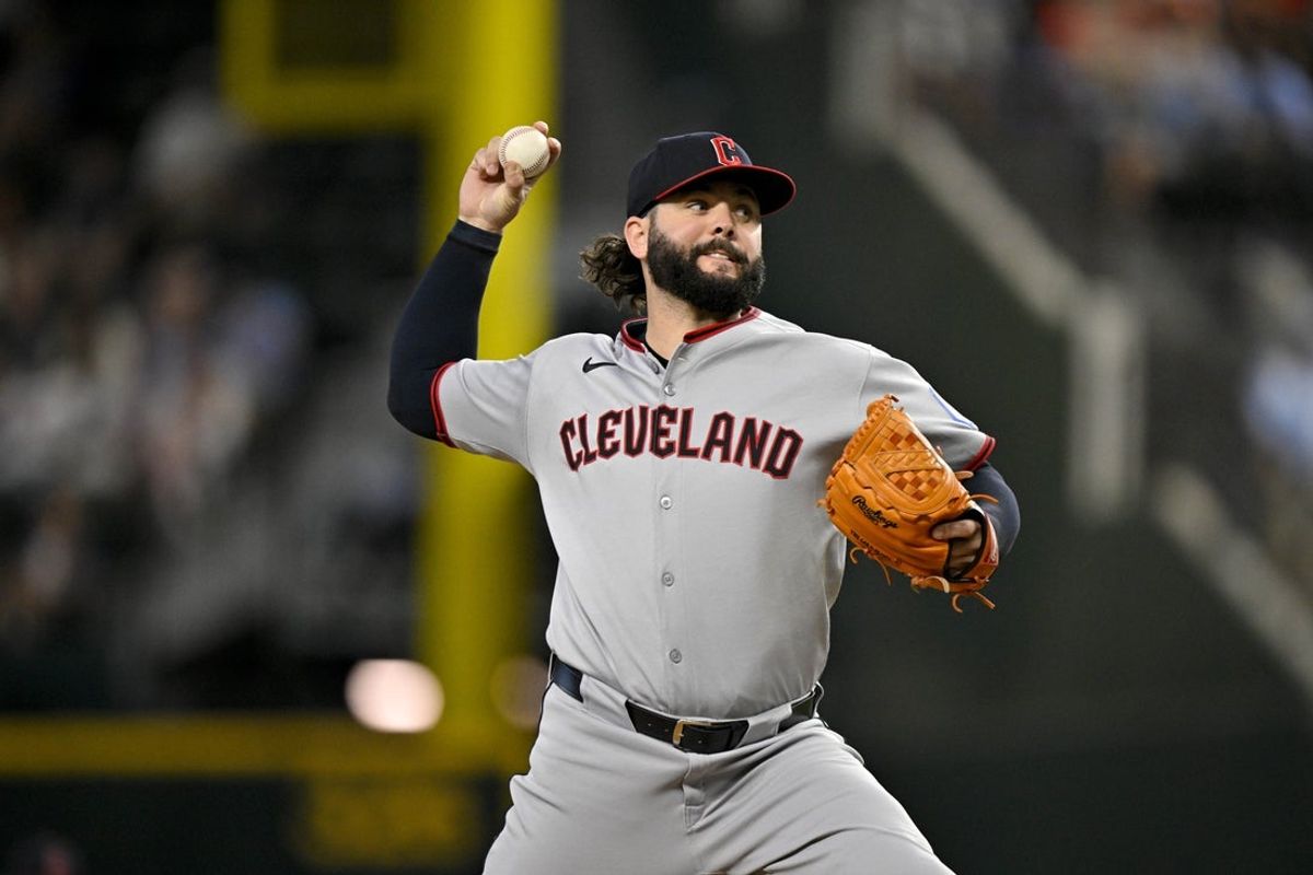 Aug 24, 2025; Arlington, Texas, USA; Cleveland Guardians relief pitcher Jakob Junis (16) pitches against the Texas Rangers during the sixth inning at Globe Life Field. Mandatory Credit: Jerome Miron-Imagn Images