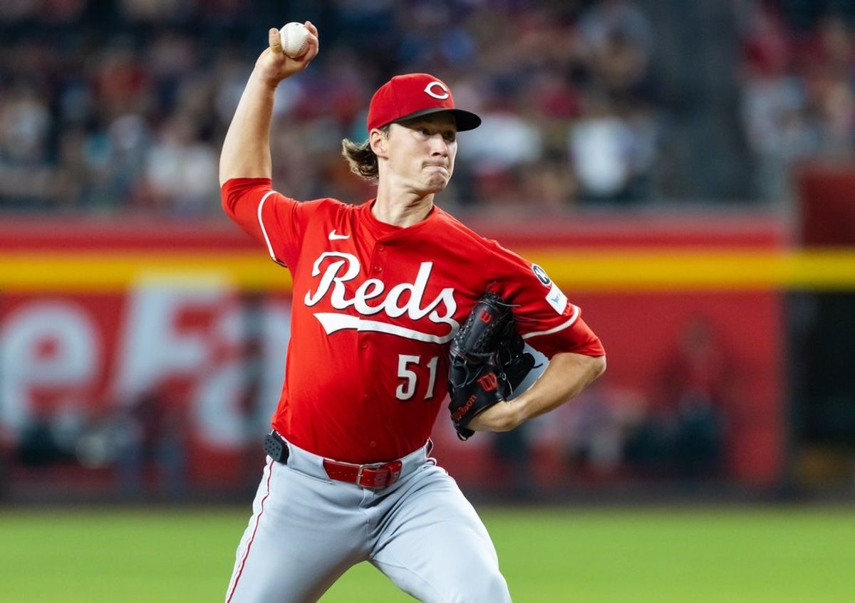 Aug 24, 2025; Phoenix, Arizona, USA; Cincinnati Reds pitcher Brady Singer in the first inning against the Arizona Diamondbacks at Chase Field. Mandatory Credit: Mark J. Rebilas-Imagn Images