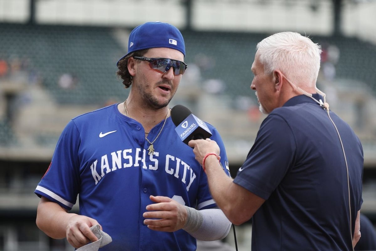 Aug 24, 2025; Detroit, Michigan, USA; Kansas City Royals first baseman Vinnie Pasquantino (9) is interviewed at the end of the game against the Detroit Tigers at Comerica Park. Mandatory Credit: Brian Bradshaw Sevald-Imagn Images
