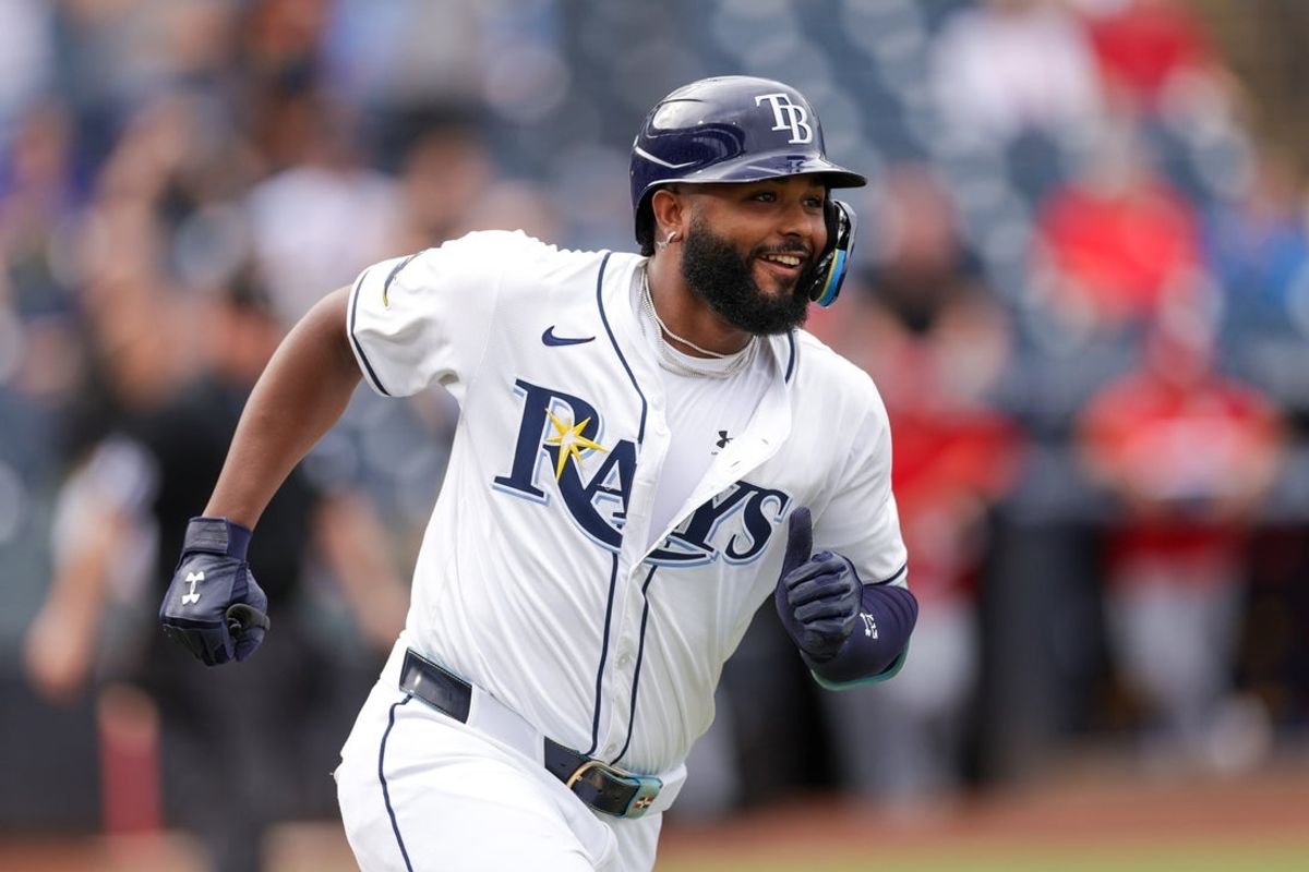 Aug 24, 2025; Tampa, Florida, USA; Tampa Bay Rays third baseman Junior Caminero (13) runs the bases after hitting a grand slam against the St. Louis Cardinals in the fifth inning at George M. Steinbrenner Field. Mandatory Credit: Nathan Ray Seebeck-Imagn Images