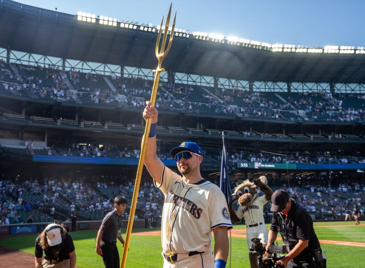 Aug 24, 2025; Seattle, Washington, USA; Seattle Mariners catcher Cal Raleigh (29) celebrates after a game against the Athletics at T-Mobile Park. Mandatory Credit: Stephen Brashear-Imagn Images