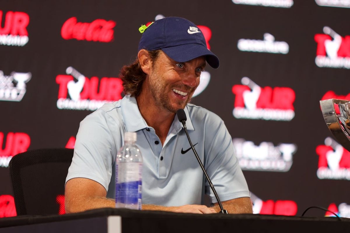 Aug 24, 2025; Atlanta, Georgia, USA; Tommy Fleetwood talks to the media after winning the TOUR Championship golf tournament. Mandatory Credit: Brett Davis-Imagn Images