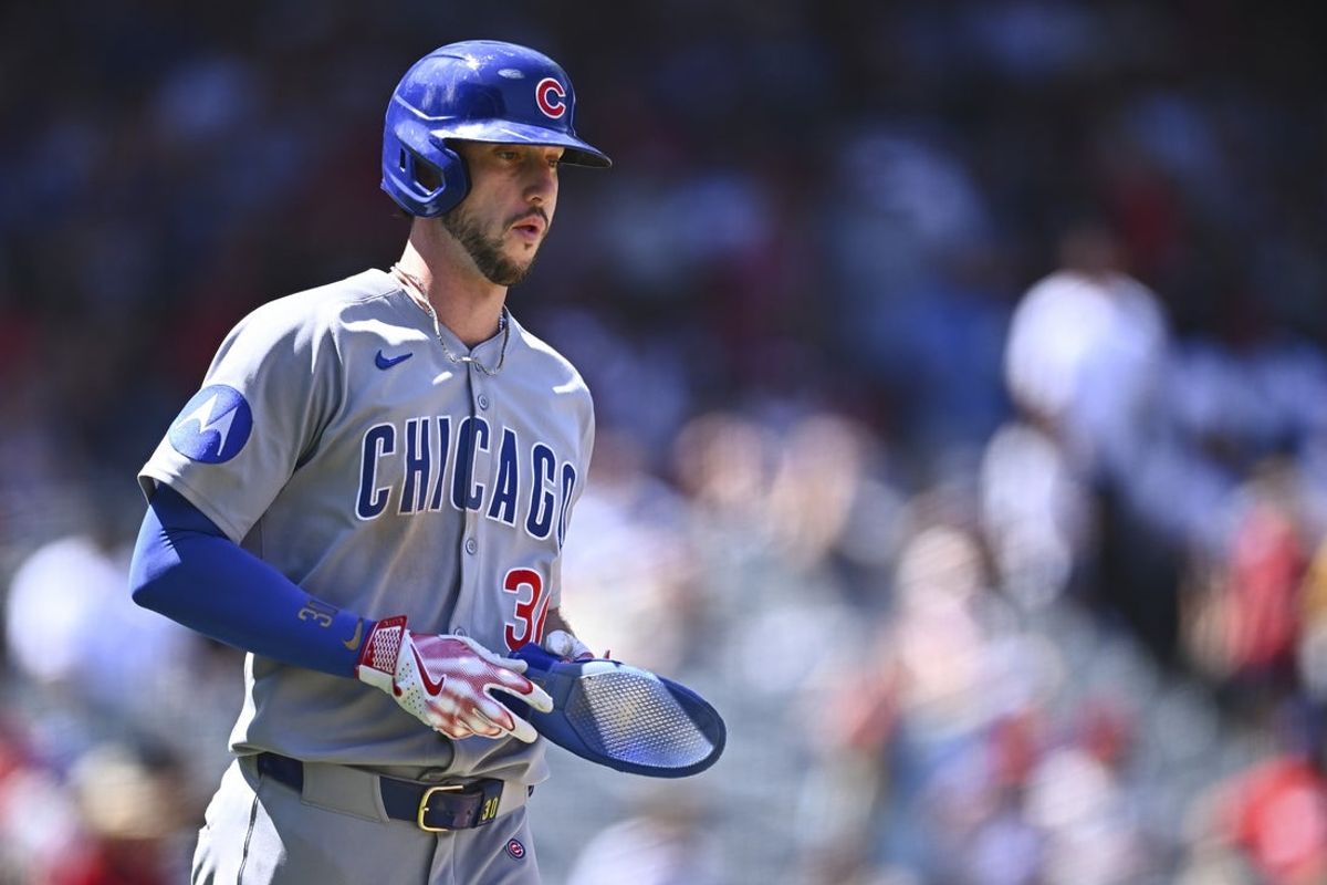 Aug 24, 2025; Anaheim, California, USA; Chicago Cubs outfielder Kyle Tucker (30) walks against the Los Angeles Angels during the fifth inning at Angel Stadium. Mandatory Credit: Jonathan Hui-Imagn Images