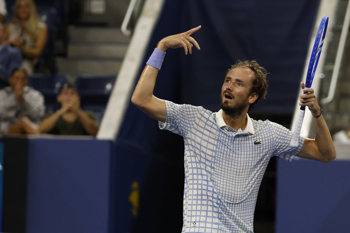 Aug 24, 2025; Flushing, NY, USA; Daniil Medvedev gestures after winning a point against Benjamin Bonzi (FRA)(not pictured) on day one of the 2025 US Open at USTA Billie Jean King National Tennis Center. Mandatory Credit: Geoff Burke-Imagn Images