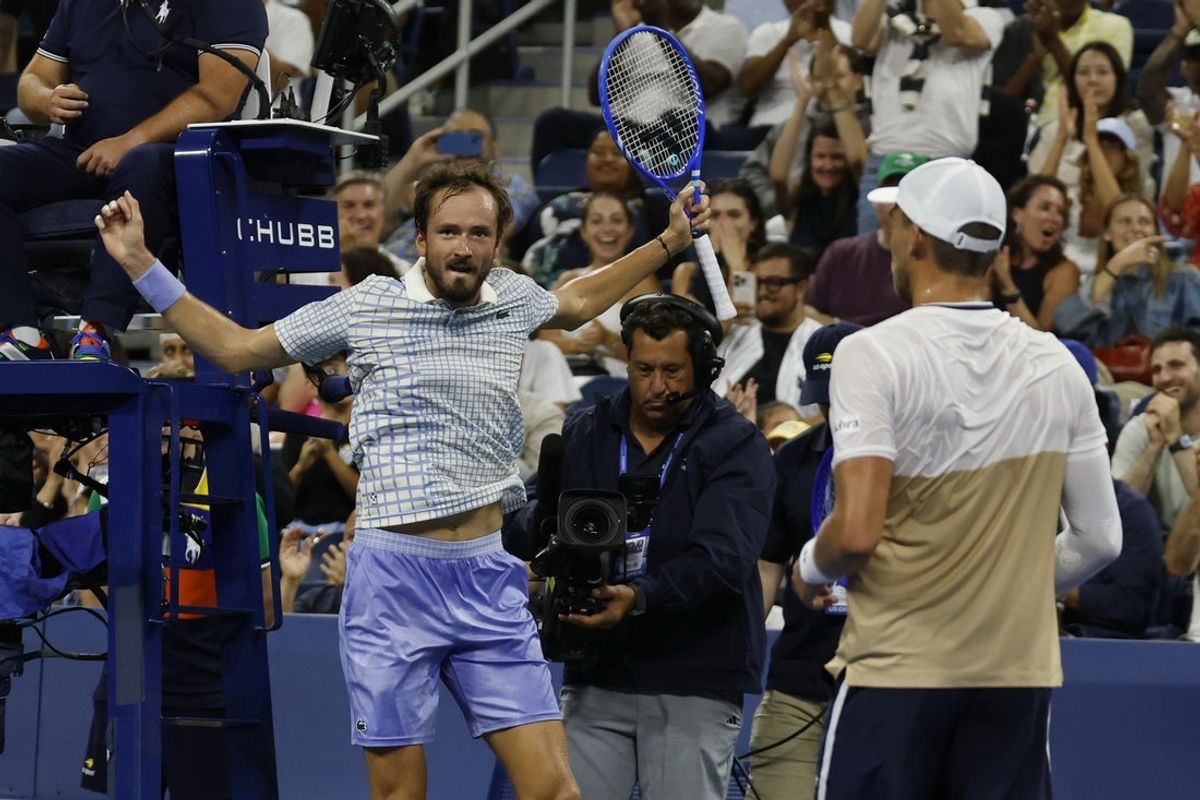 Aug 24, 2025; Flushing, NY, USA; Daniil Medvedev gestures after winning a point against Benjamin Bonzi (FRA)(R) on day one of the 2025 US Open at USTA Billie Jean King National Tennis Center. Mandatory Credit: Geoff Burke-Imagn Images