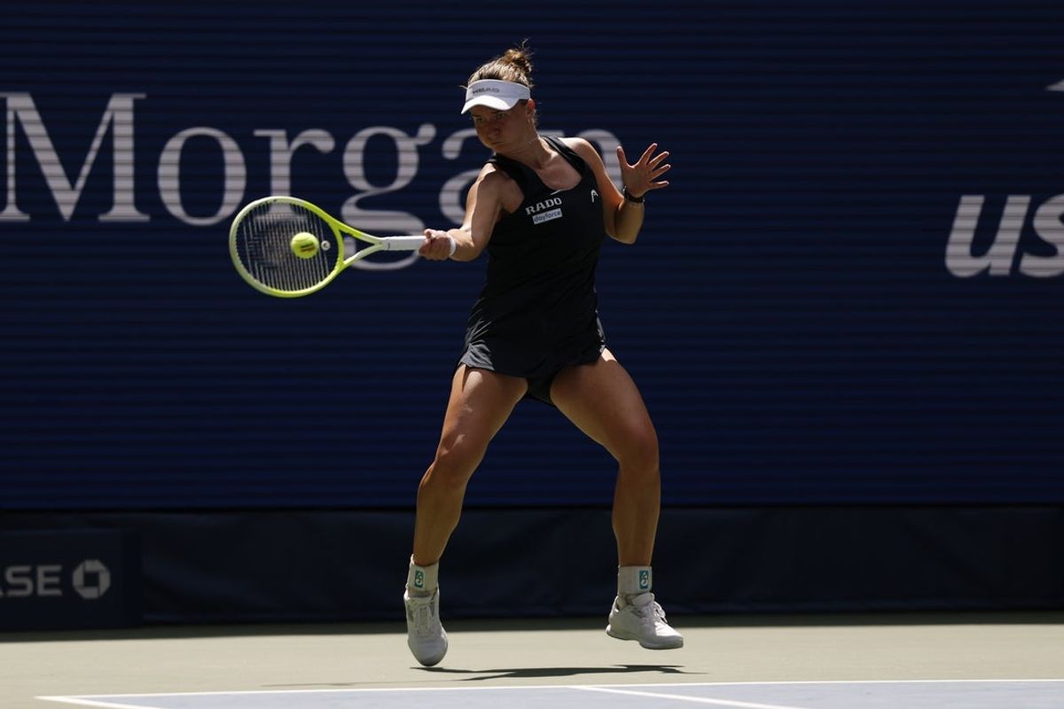Aug 25, 2025; Flushing, NY, USA; Barbora Krejcikova (CZE) hits the ball to Victoria Mboko (CAN)(not pictured) on day two of the 2025 U.S. Open tennis tournament at the USTA Billie Jean King National Tennis Center. Mandatory Credit: Amber Searls-Imagn Images