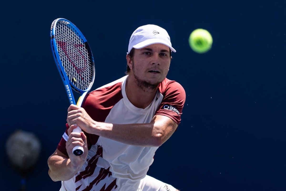 Aug 25, 2025; Flushing, NY, USA; Miomir Kecmanovic of Serbia in action against Joao Fonseca of Brazil in the first round of the men’s singles at the US Open at Billie Jean King National Tennis Centre. Mandatory Credit: Mike Frey-Imagn Images