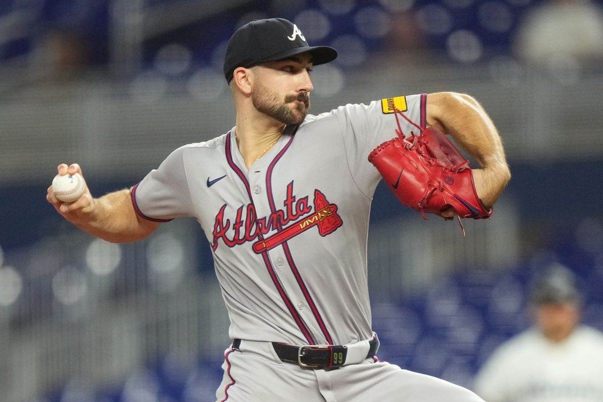 Aug 25, 2025; Miami, Florida, USA;  Atlanta Braves starting pitcher Spencer Strider (99) pitches against the Miami Marlins in the first inning at loanDepot Park. Mandatory Credit: Jim Rassol-Imagn Images