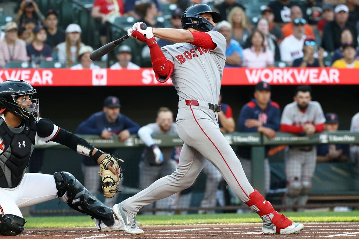 Aug 25, 2025; Baltimore, Maryland, USA; Boston Red Sox outfielder Roman Anthony (19) hits a home run during the first inning against the Baltimore Orioles at Oriole Park at Camden Yards. Mandatory Credit: Daniel Kucin Jr.-Imagn Images