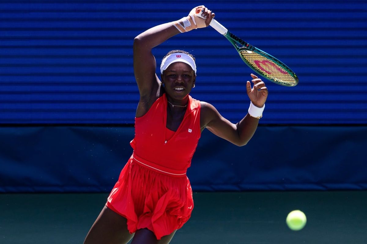 Aug 25, 2025; Flushing, NY, USA; Victoria Mboko of Canada in action against Barbora Krejcikova of Czech Republic in the first round of the women’s singles at the US Open at Louis Armstrong Stadium in Billie Jean King National Tennis Centre. Mandatory Credit: Mike Frey-Imagn Images