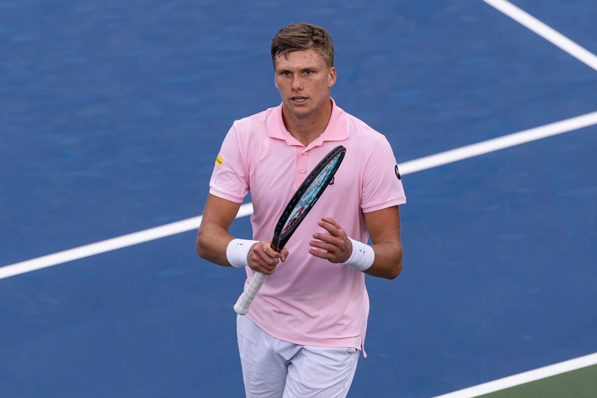 Aug 25, 2025; Flushing, NY, USA; Jenson Brooksby of the United States celebrates his victory over Aleksandar Vukic of Australia in the first round of the men’s singles at the US Open at Billie Jean King National Tennis Centre. Mandatory Credit: Mike Frey-Imagn Images