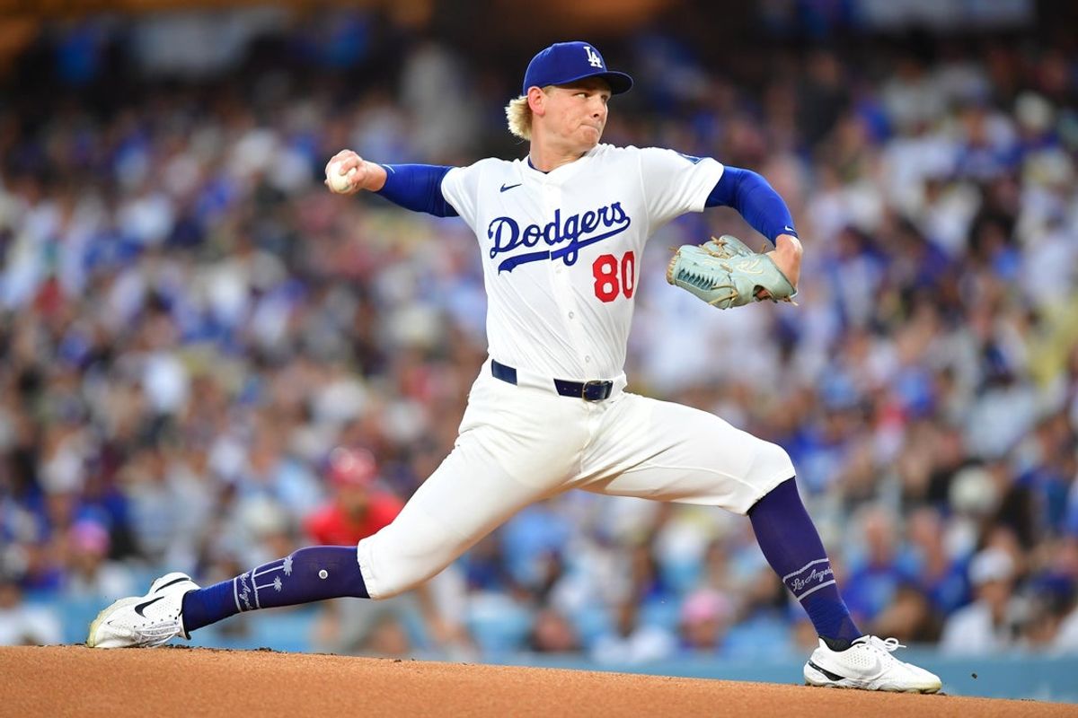 Aug 25, 2025; Los Angeles, California, USA; Los Angeles Dodgers pitcher Emmet Sheehan (80) pitches against the Cincinnati Reds in the first inning at Dodger Stadium. Mandatory Credit: Gary A. Vasquez-Imagn Images