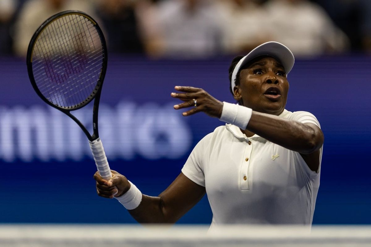 Aug 25, 2025; Flushing, NY, USA; Venus Williams of the United States in action against Karolina Muchova of Czech Republic in the first round of the women’s singles at the US Open at Arthur Ashes Stadium in Billie Jean King National Tennis Centre. Mandatory Credit: Mike Frey-Imagn Images