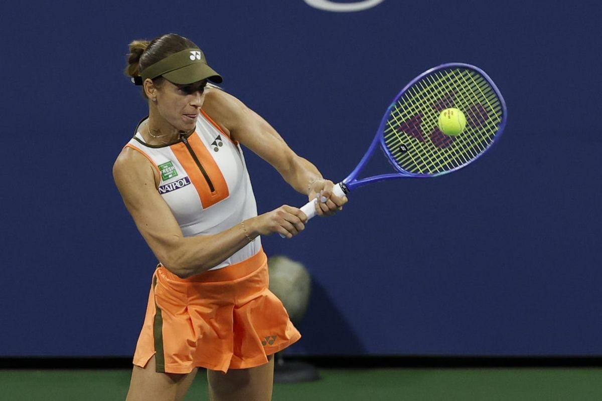 Aug 25, 2025; Flushing, NY, USA; Anna Bondar (HUN) hits a backhand against Elina Svitolina (UKR)(not pictured) on day two of the 2025 US Open tennis tournament at USTA Billie Jean King National Tennis Center. Mandatory Credit: Geoff Burke-Imagn Images