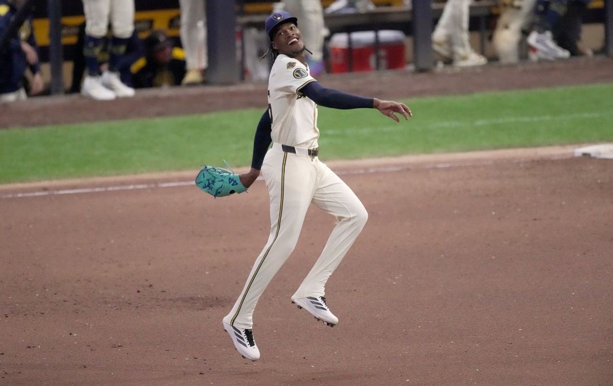 Milwaukee Brewers pitcher Abner Uribe (45) reacts after fielding and making the throw for the final out during the ninth inning of their game against the Arizona Diamondbacks Monday, August 25, 2025 at American Family Field in Milwaukee, Wisconsin. The Brewers beat the Diamondback 7-5.