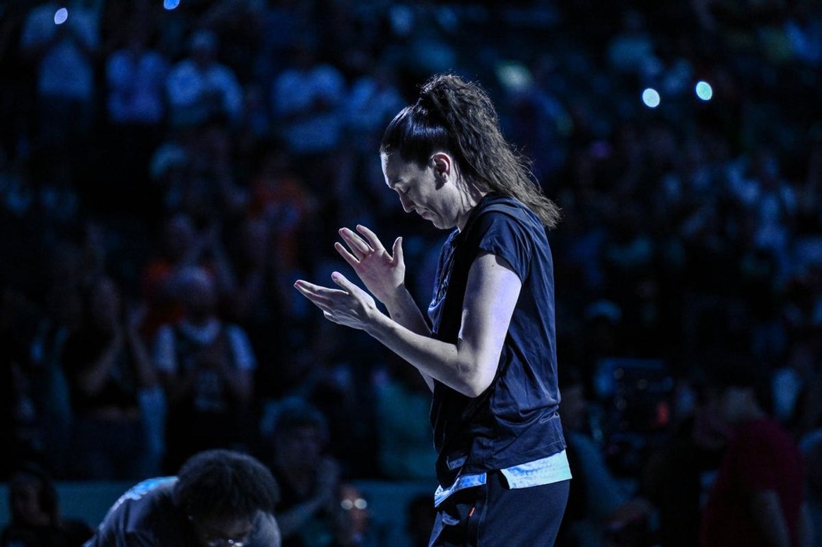 Aug 25, 2025; Brooklyn, New York, USA; New York Liberty forward Breanna Stewart (30) reacts during pregame introduction before the game against the Connecticut Sun at Barclays Center. Mandatory Credit: John Jones-Imagn Images