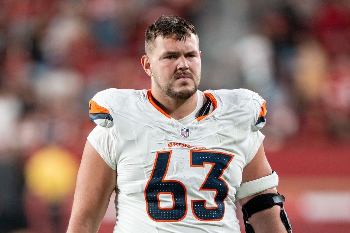 August 9, 2025; Santa Clara, California, USA; Denver Broncos offensive tackle Alex Palczewski (63) after the game against the San Francisco 49ers at Levi's Stadium. Mandatory Credit: Kyle Terada-Imagn Images