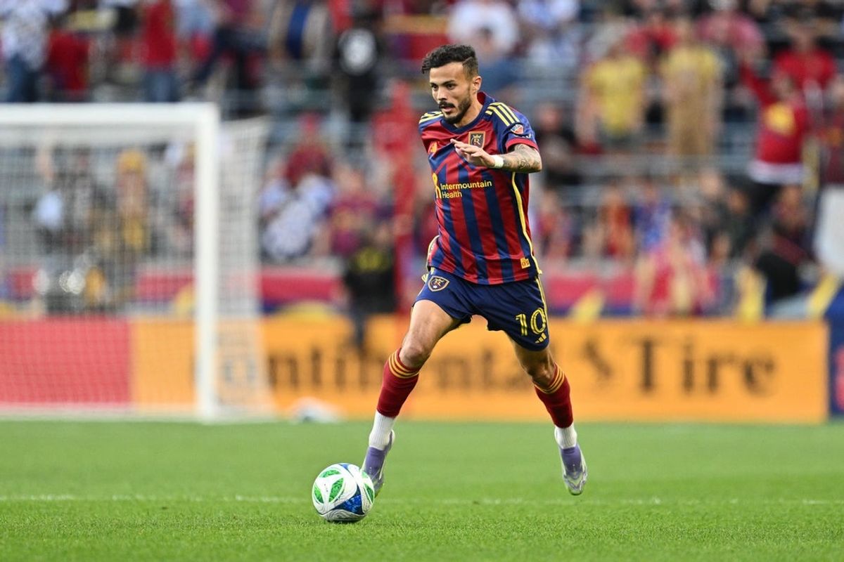 Aug 23, 2025; Sandy, Utah, USA;  Real Salt Lake midfielder Diogo Goncalves (10) controls the ball against Minnesota United at America First Field. Mandatory Credit: Jamie Sabau-Imagn Images