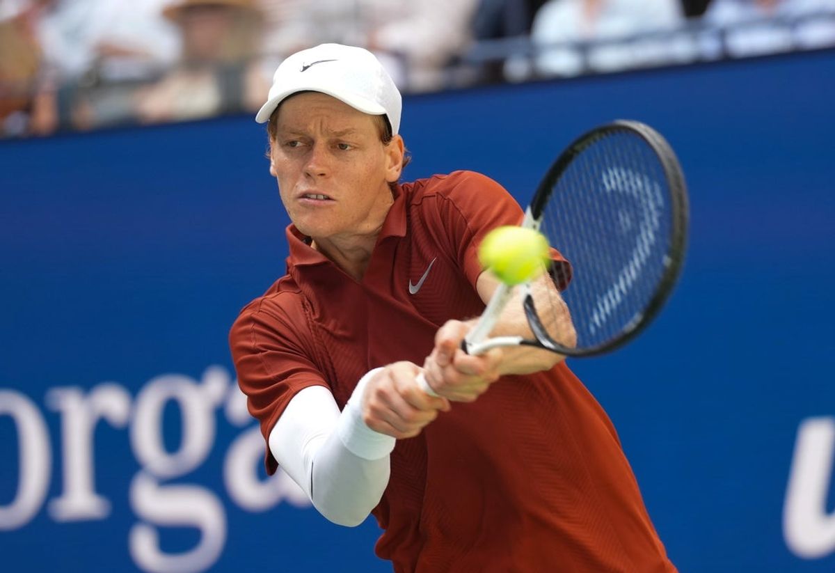 Aug 26, 2025; Flushing, NY, USA;  Jannik Sinner (ITA) hits to Vit Kopriva (CZE) (not pictured) on day three of the 2025 U.S. Open tennis tournament at the USTA Billie Jean King National Tennis Center. Mandatory Credit: Robert Deutsch-Imagn Images