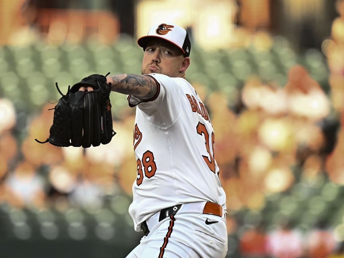 Aug 26, 2025; Baltimore, Maryland, USA; Baltimore Orioles pitcher Kyle Bradish (38) delivers a pitch during the first inning against the Boston Red Sox at Oriole Park at Camden Yards. Mandatory Credit: James A. Pittman-Imagn Images