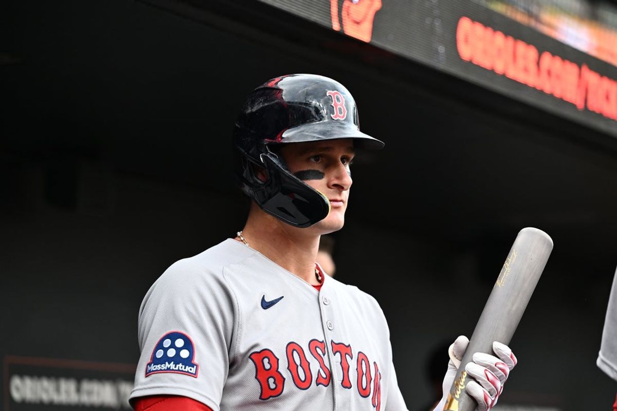 Aug 26, 2025; Baltimore, Maryland, USA; Boston Red Sox outfielder Roman Anthony (19) stands in the dugout before the game between the Baltimore Orioles and the Boston Red Sox at Oriole Park at Camden Yards. Mandatory Credit: James A. Pittman-Imagn Images