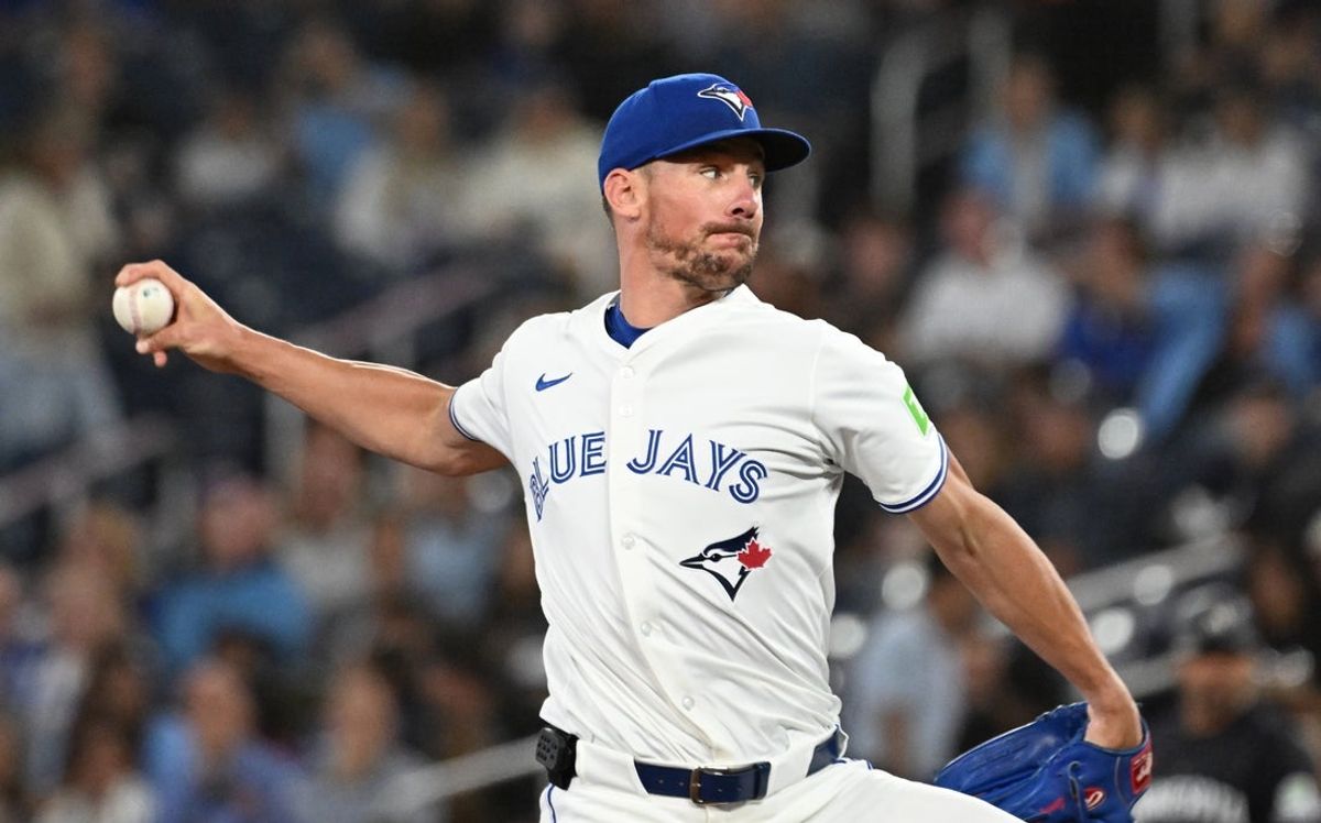 Aug 26, 2025; Toronto, Ontario, CAN;  Toronto Blue Jays starting pitcher Chris Bassitt (40) delivers a pitch against the Minnesota Twins in the first inning at Rogers Centre. Mandatory Credit: Dan Hamilton-Imagn Images