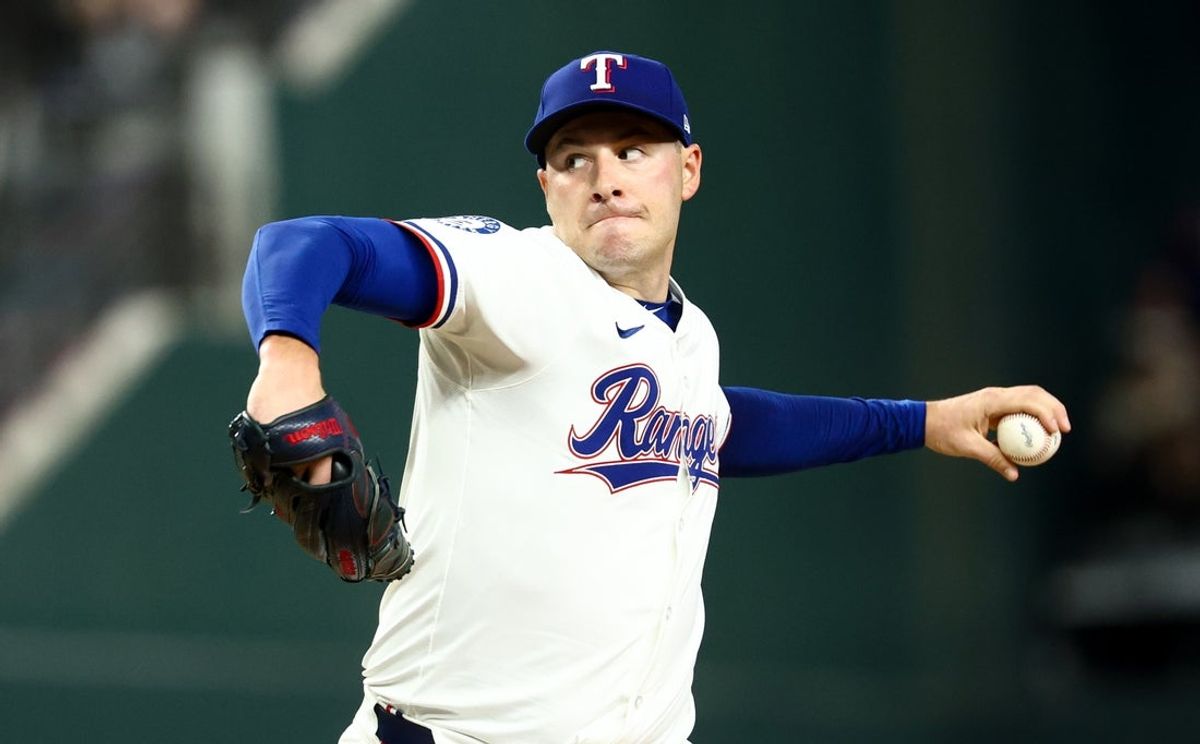 Aug 26, 2025; Arlington, Texas, USA; Texas Rangers starting pitcher Patrick Corbin (46) throws during the first inning against the Los Angeles Angels at Globe Life Field. Mandatory Credit: Kevin Jairaj-Imagn Images