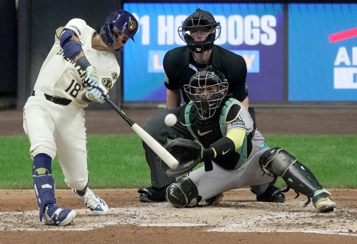 Milwaukee Brewers second baseman Anthony Seigler (18) hits a two-run double during the third inning of their game against the Arizona Diamondbacks Tuesday, August 26, 2025 at American Family Field in Milwaukee, Wisconsin. 

Mark Hoffman/Milwaukee Journal Sentinel