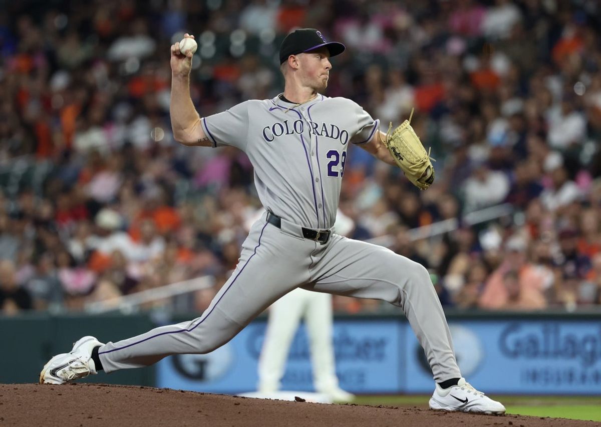 Aug 26, 2025; Houston, Texas, USA;  Colorado Rockies starting pitcher Tanner Gordon (29) pitches against the Houston Astros in the first inning at Daikin Park. Mandatory Credit: Thomas Shea-Imagn Images