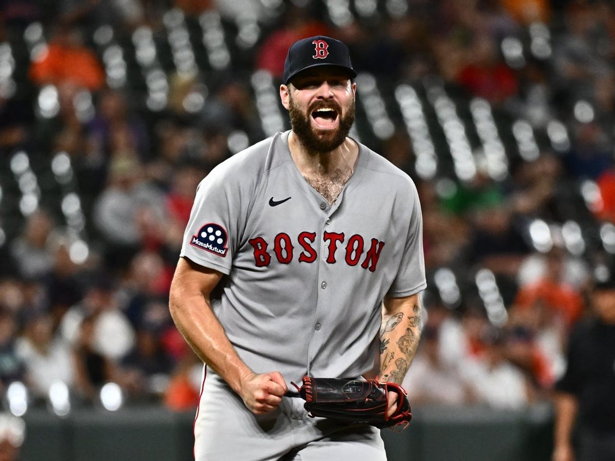 Aug 26, 2025; Baltimore, Maryland, USA; Boston Red Sox pitcher Lucas Giolito (54) reacts to a strikeout to end the eighth inning against the Baltimore Orioles at Oriole Park at Camden Yards. Mandatory Credit: James A. Pittman-Imagn Images