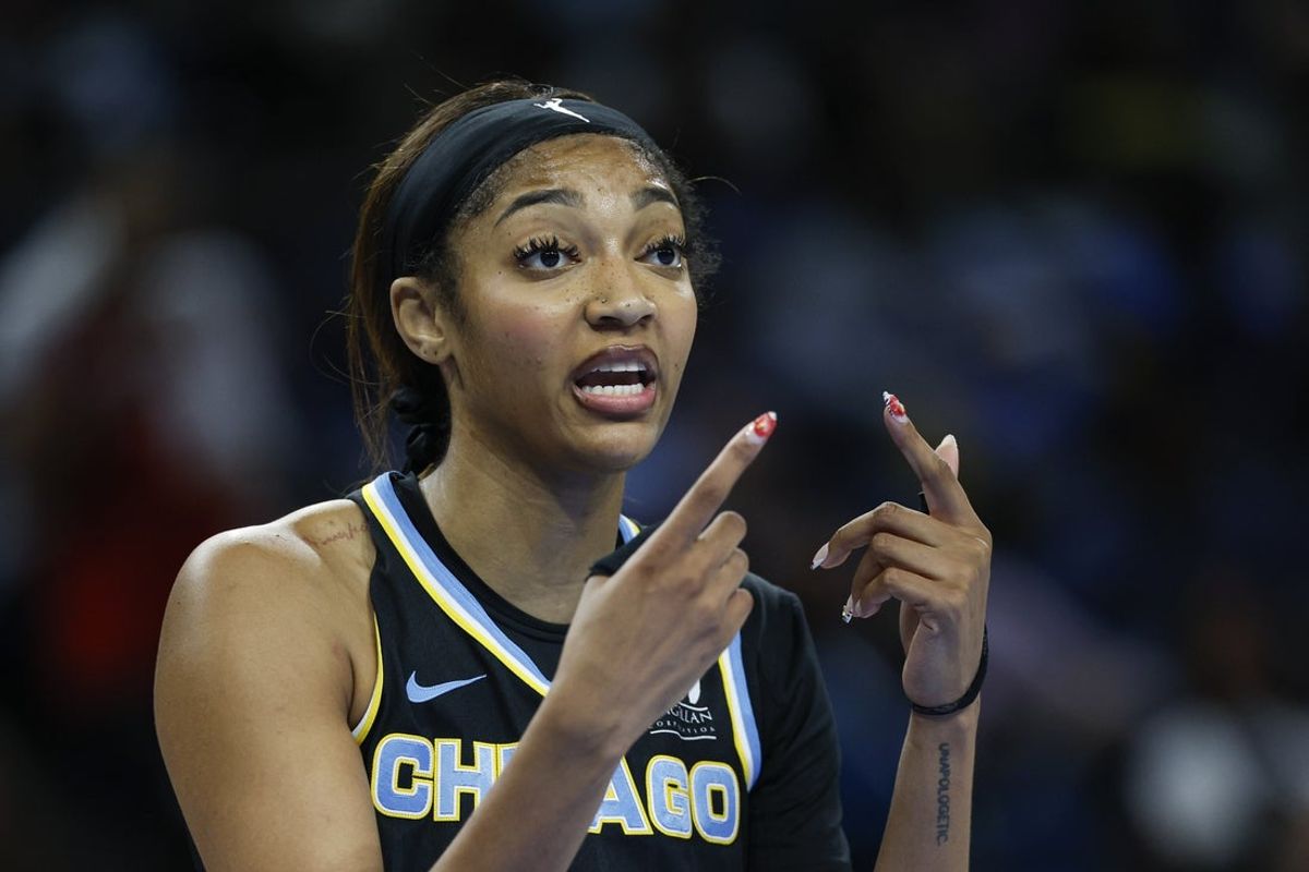 Aug 25, 2025; Chicago, Illinois, USA; Chicago Sky forward Angel Reese (5) reacts during the second half of a WNBA game against the Las Vegas Aces at Wintrust Arena. Mandatory Credit: Kamil Krzaczynski-Imagn Images