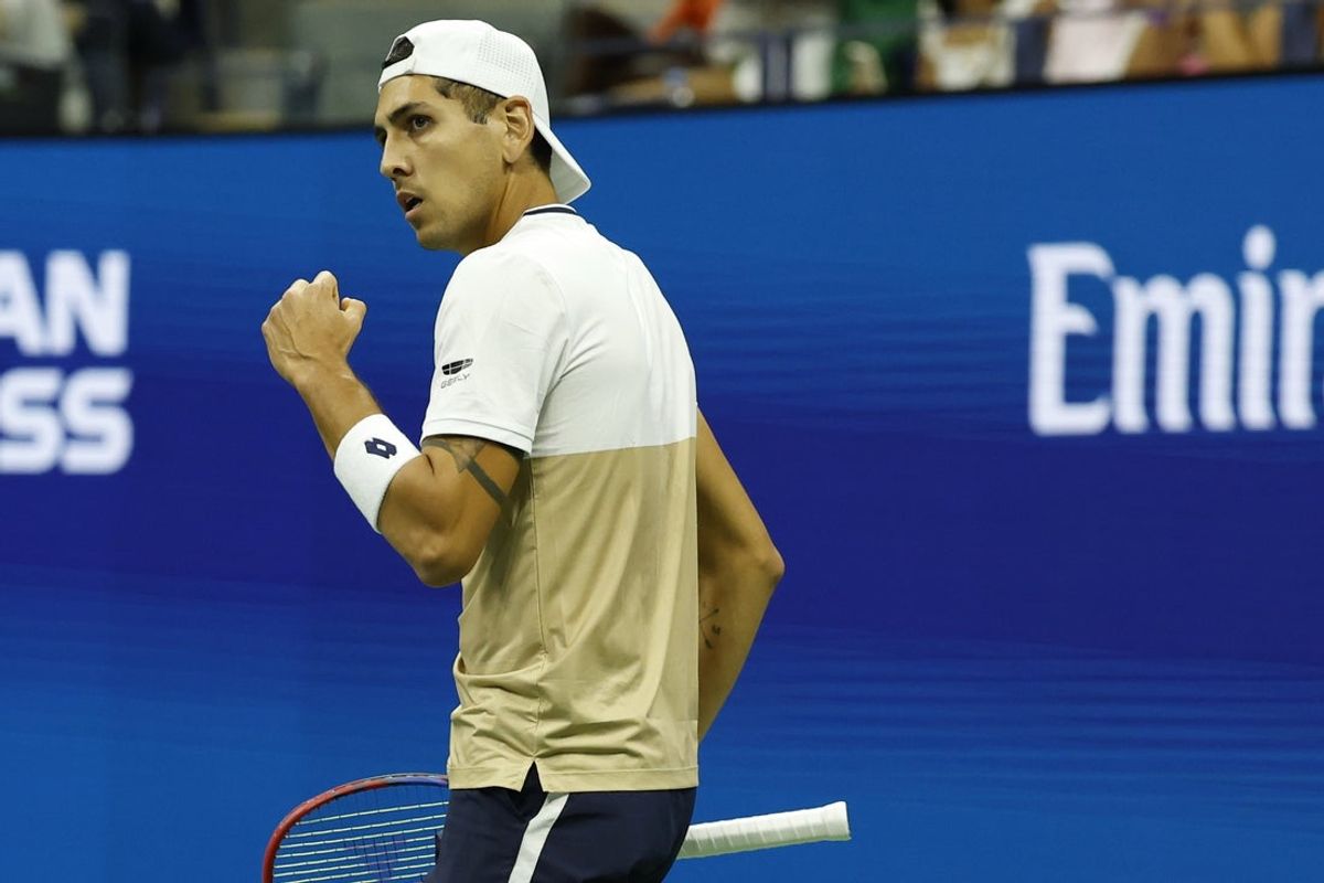 Aug 26, 2025; Flushing, NY, USA; Alejandro Tabilo (CHI) reacts after winning a point against Alexander Zverev (GER) (not pictured) on day three of the 2025 U.S. Open tennis tournament at the USTA Billie Jean King National Tennis Center at Billie Jean King National Tennis Center. Mandatory Credit: Amber Searls-Imagn Images
