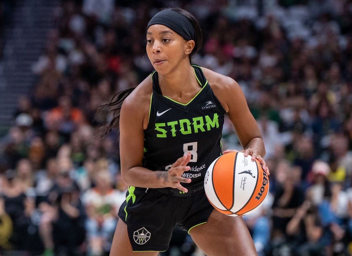 Jul 22, 2025; Seattle, Washington, USA;  Seattle Storm guard Lexie Brown (8) dribbles the ball against the Dallas Wings at Climate Pledge Arena. Mandatory Credit: Stephen Brashear-Imagn Images