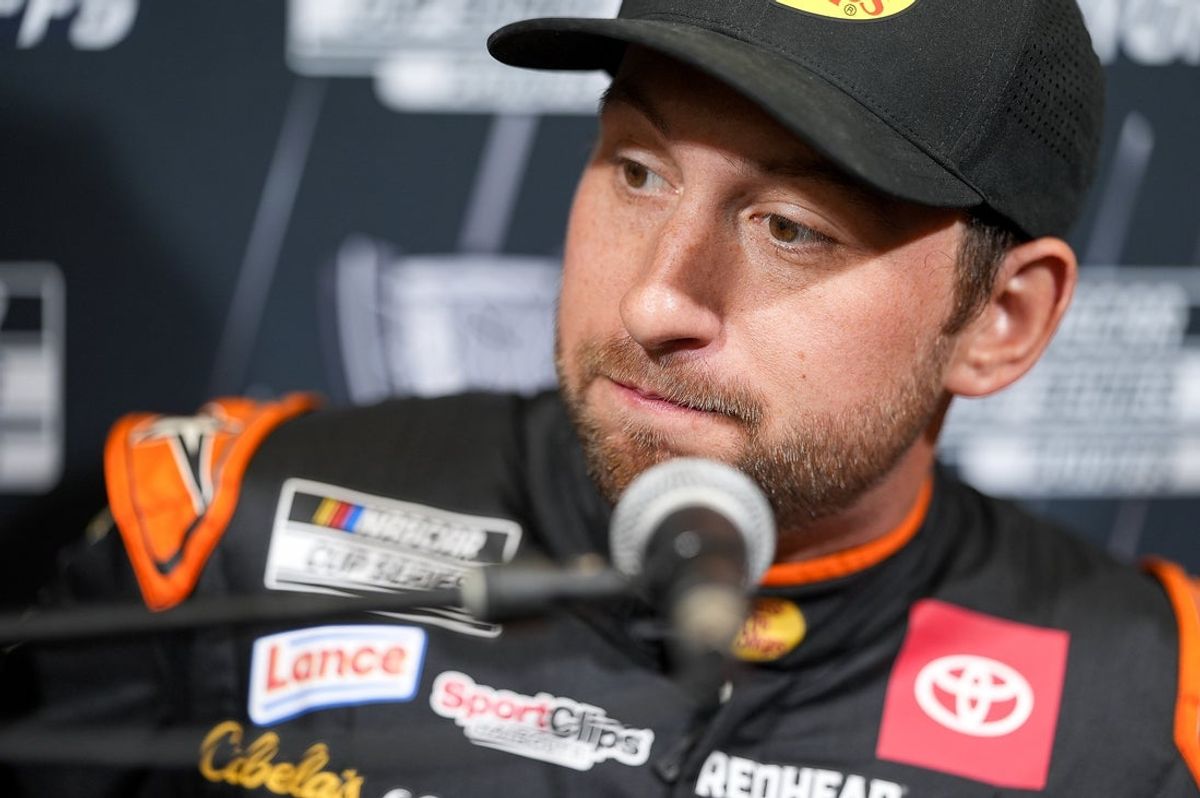 Aug 27, 2025; Charlotte, NC, USA; Chase Briscoe answers questions from the media during NASCAR Cup Series Playoff Media Day at Charlotte Convention Center. Mandatory Credit: Jim Dedmon-Imagn Images